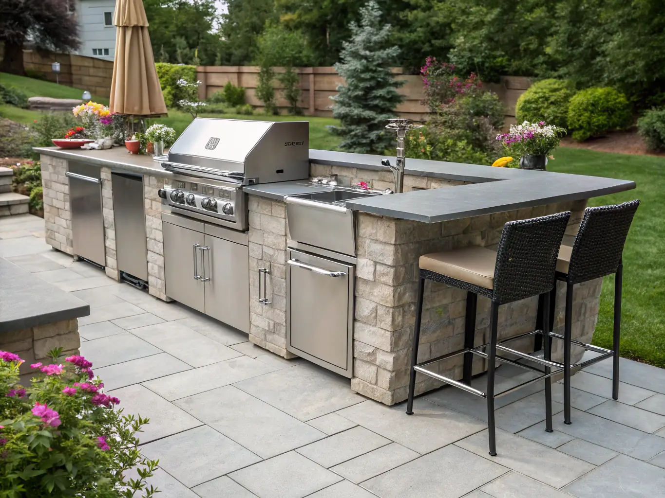 A well-designed patio area with an outdoor kitchen, dining table, and comfortable seating, demonstrating the possibilities for creating an entertainment-friendly outdoor space.