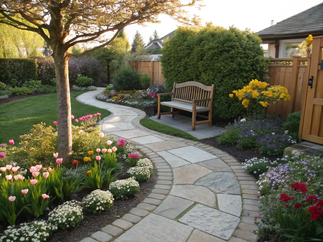 A beautifully landscaped backyard with a variety of plants, flowers, and a stone pathway leading to a cozy seating area, showcasing the potential for creating a serene and inviting outdoor space.