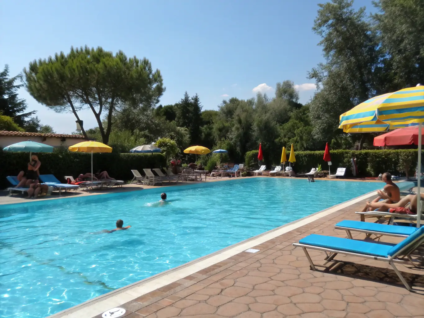 A modern swimming pool with clean lines, surrounded by a wooden deck and comfortable lounge chairs, illustrating a luxurious and functional outdoor living space.
